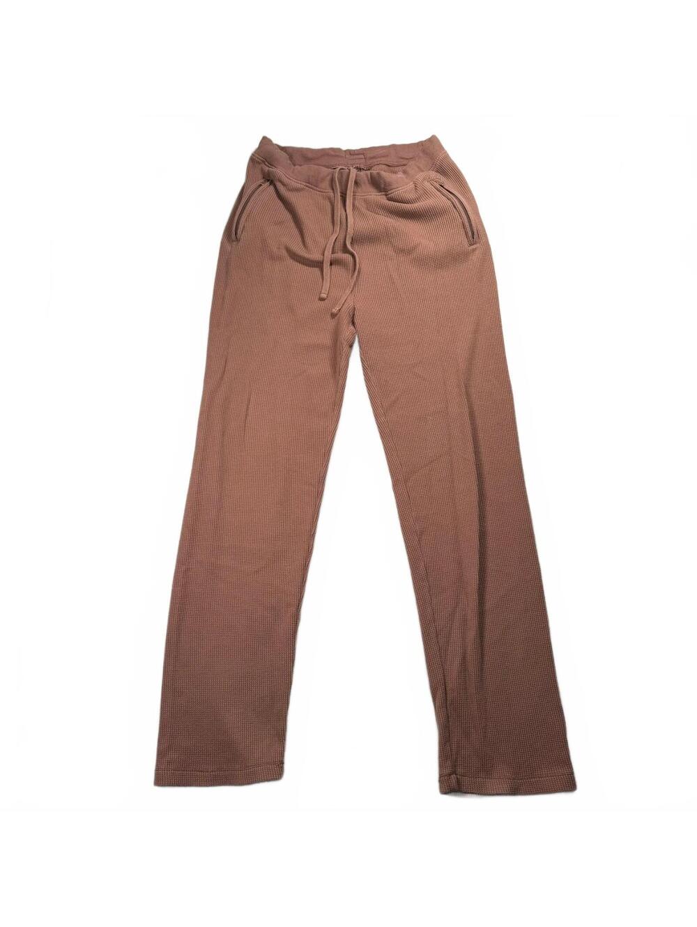 SKIMS Waffle Knit Straight Leg Pants Size L Brown Zip Pockets Drawstring Lounge